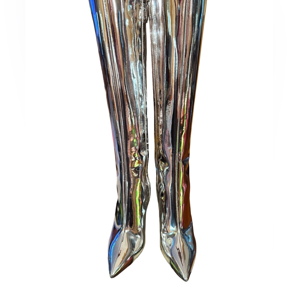 Moschino NWT Sz 38 Vero Cucio Silver Metallic Knee-High Stiletto Boots (SH292) - Picture 5 of 15